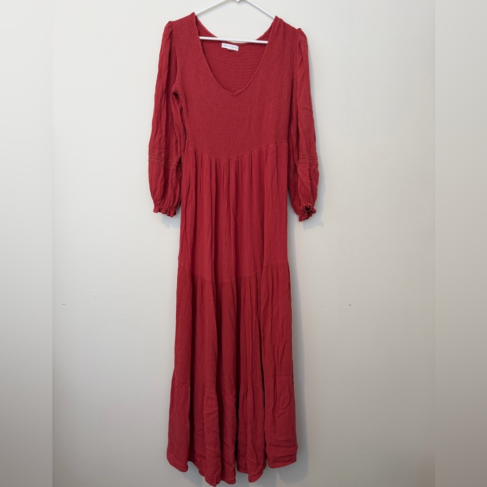 Coco + Jameson Rust Boho Maxi Dress Size L V Neck Tiered Long Sleeve